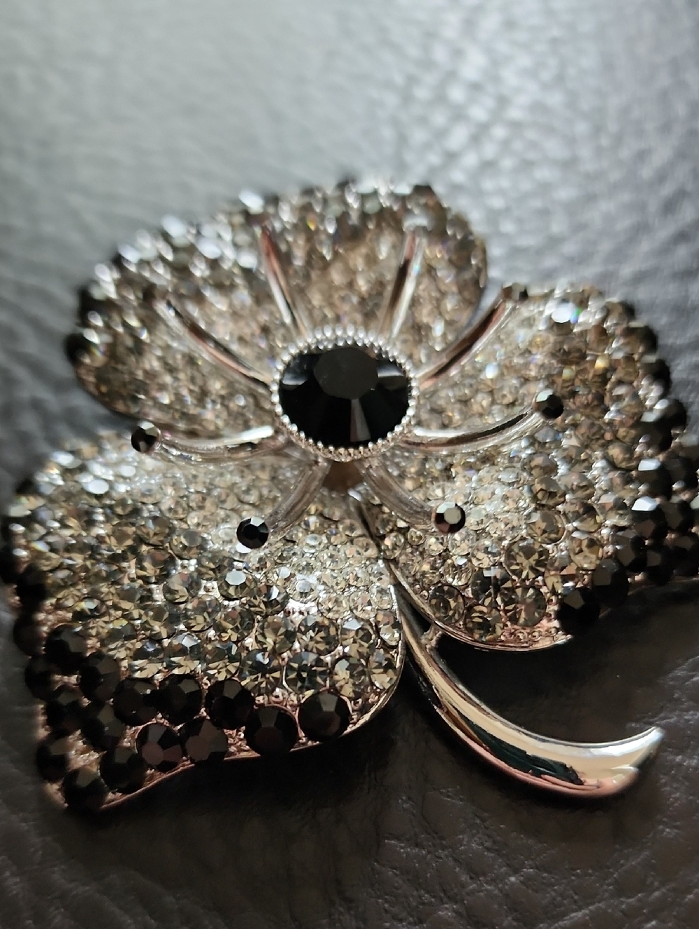 Crystal Pave Flower Brooch - Black and Silver